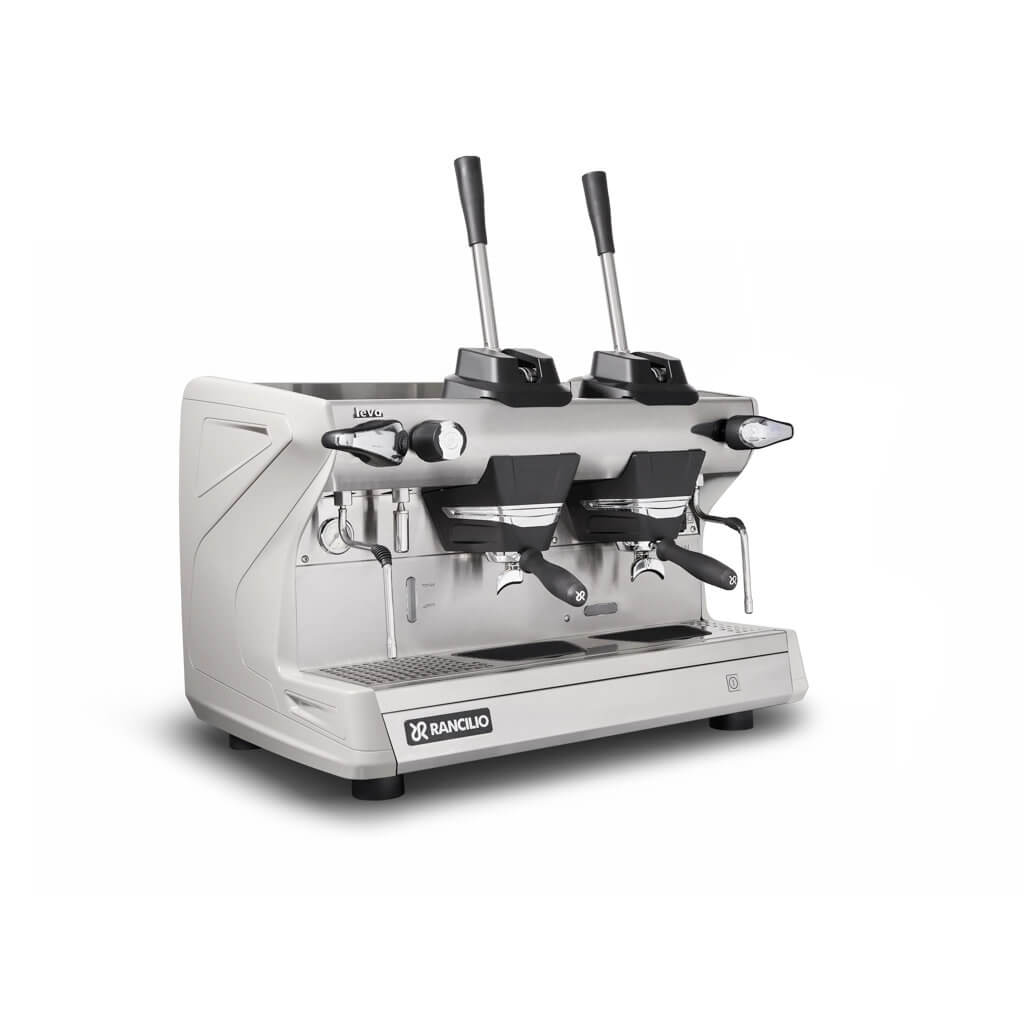 Ekspres 2-grupowy do kawy Classe 5 Leva - biały, przód, prawy bok Ekspres dwugrupowy do kawy Classe 5 Leva w kolorze białym - przód, prawy bok