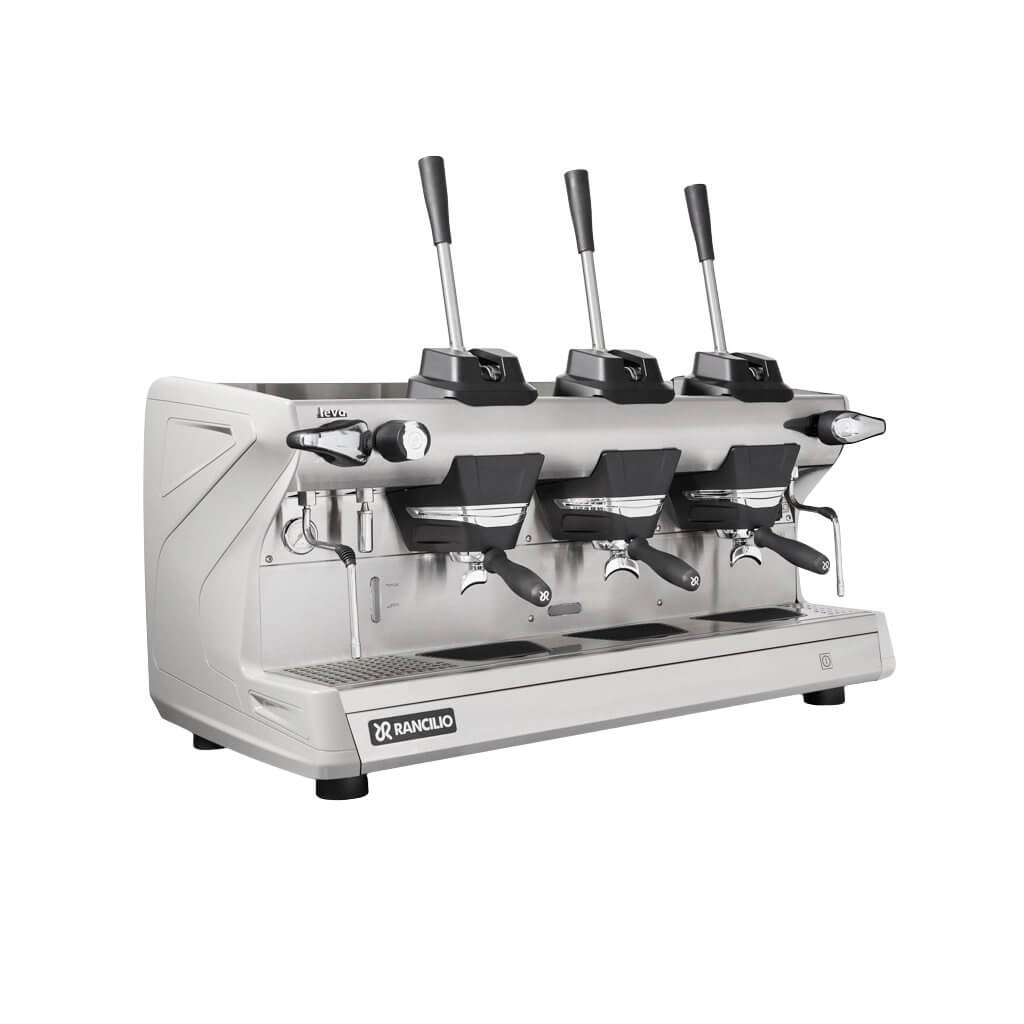 Ekspres 3-grupowy do kawy Classe 5 Leva - biały, przód, prawy bok Ekspres trzygrupowy do kawy Classe 5 Leva w kolorze białym - przód, prawy bok