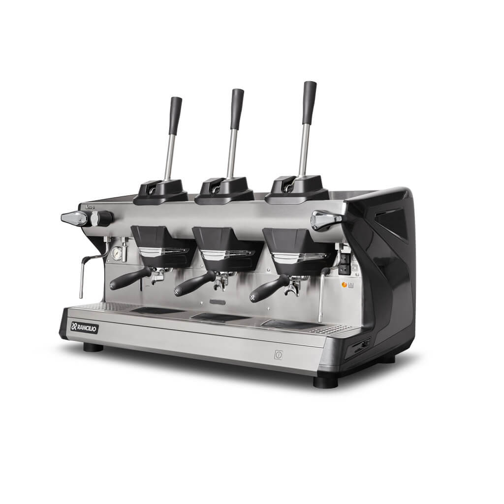 Ekspres 3-grupowy do kawy Classe 5 Leva - czarny, przód, lewy bok Ekspres trzygrupowy do kawy Classe 5 Leva w kolorze czarnym - przód, lewy bok