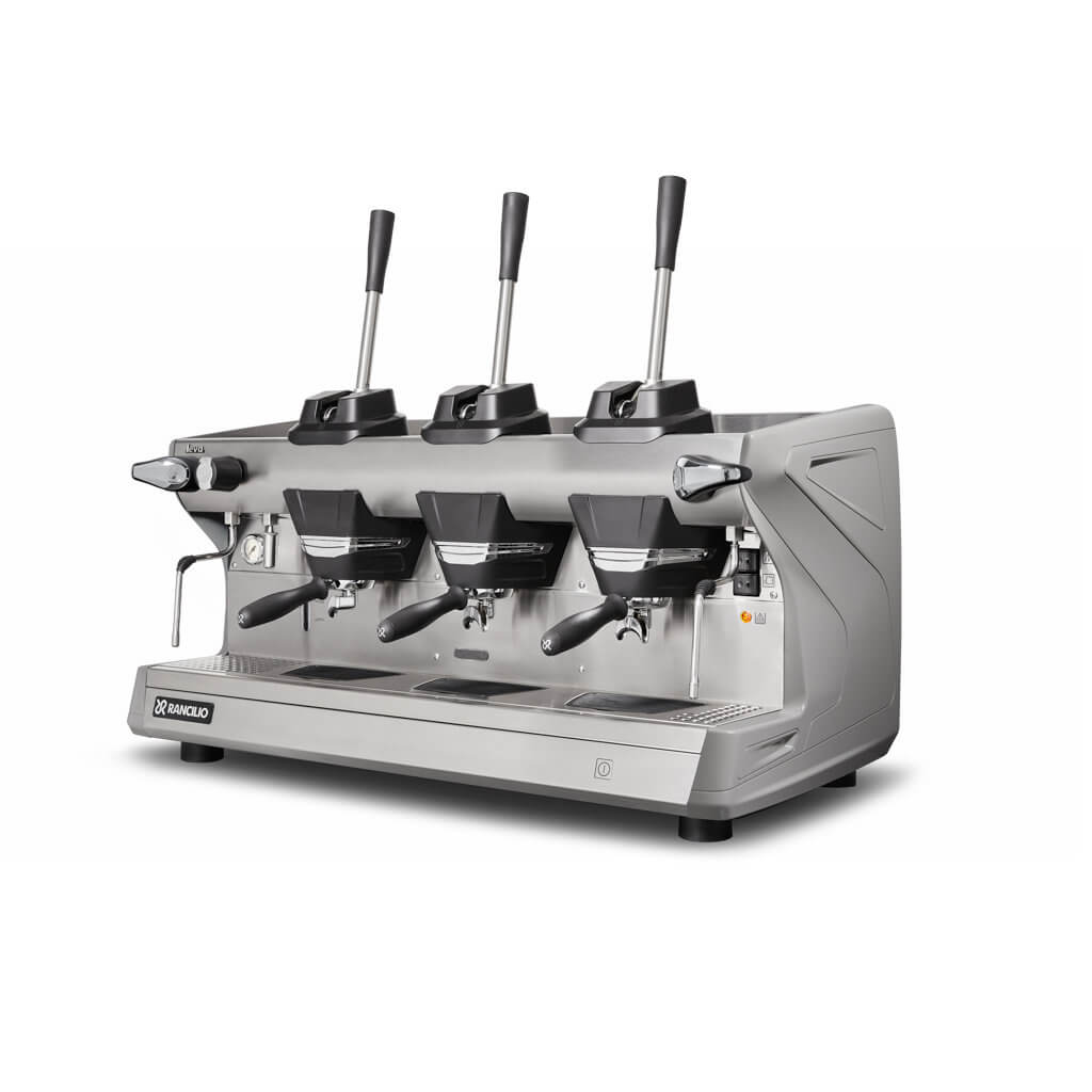 Ekspres 3-grupowy do kawy Classe 5 Leva - szary, przód, lewy bok Ekspres trzygrupowy do kawy Classe 5 Leva w kolorze szarym - przód, lewy bok