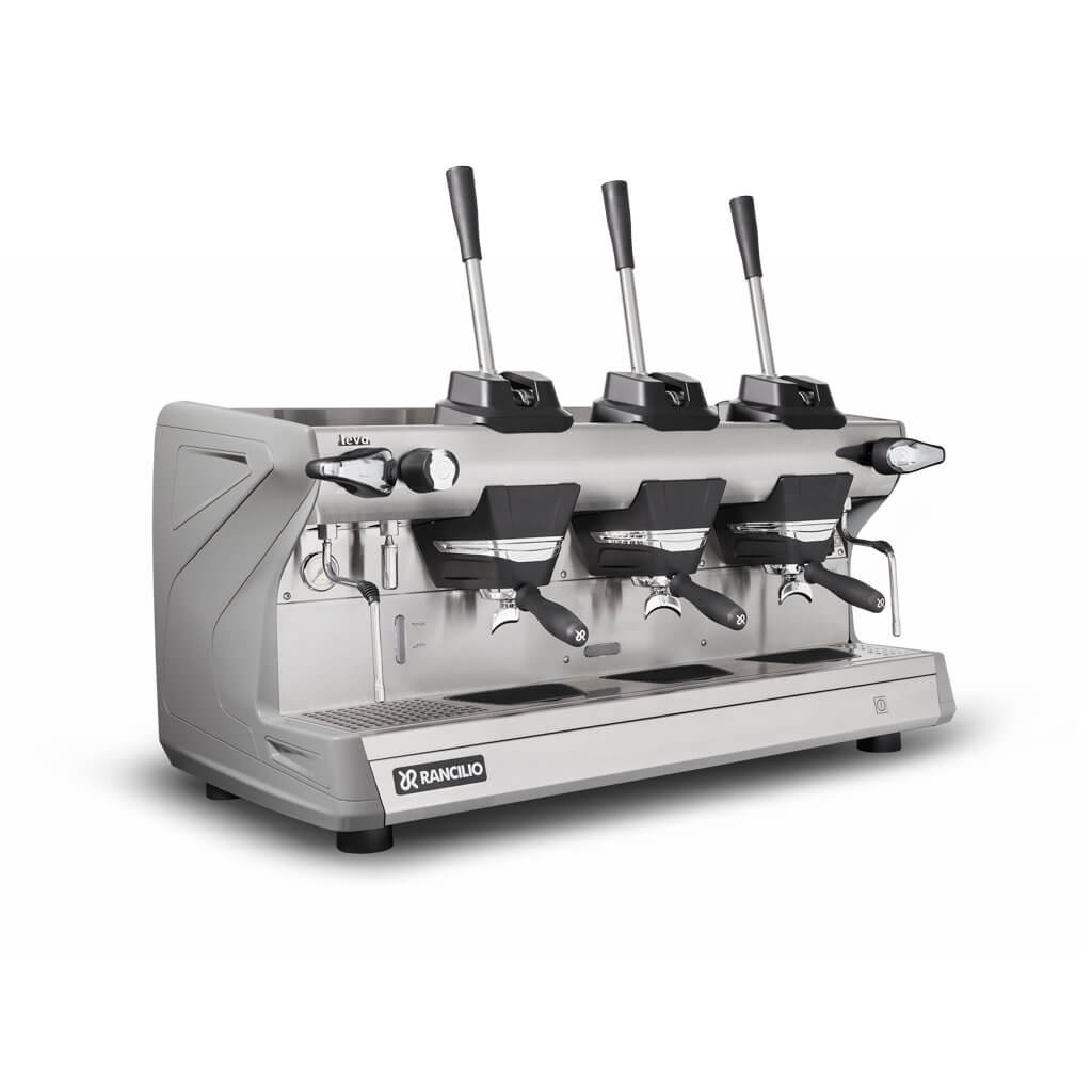 Ekspres 3-grupowy do kawy Classe 5 Leva - szary, przód, prawy bok Ekspres trzygrupowy do kawy Classe 5 Leva w kolorze szarym - przód, prawy bok