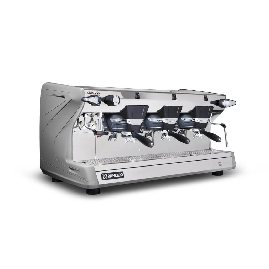 Ekspres 3-grupowy do kawy Classe 5 S - szary, przód, prawy bok Ekspres trzygrupowy do kawy Classe 5 S w kolorze szarym - przód, prawy bok