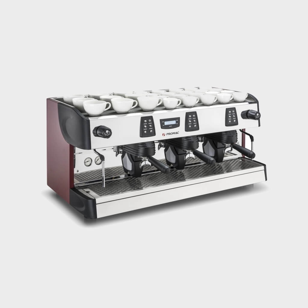 Ekspres trzygrupowy do kawy Green Plus w kolorze bordowym - przód, prawy bok