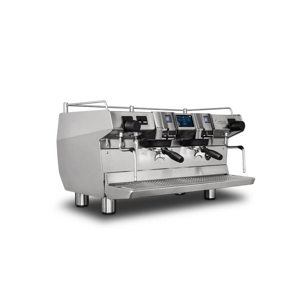 Ekspres dwugrupowy do kawy Invicta w wykończeniu ze stali nierdzewnej - przód, prawy bok